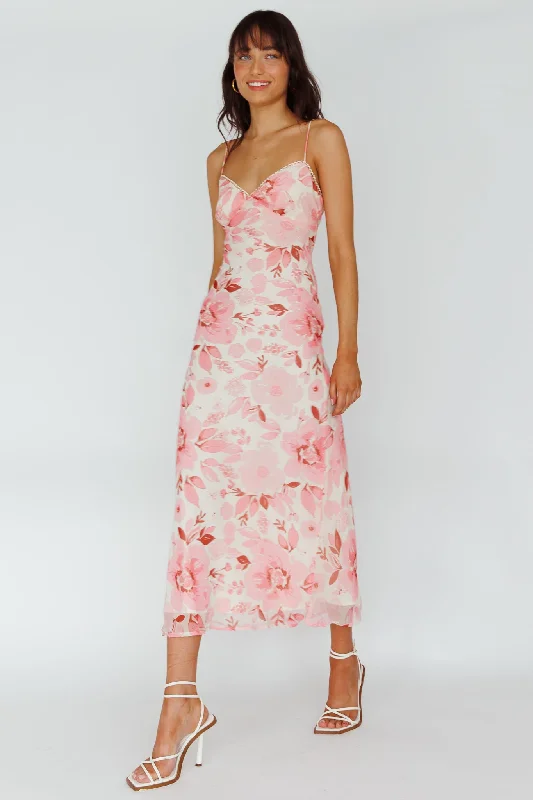 Egypt Cami Strap Midi Dress Floral Pink