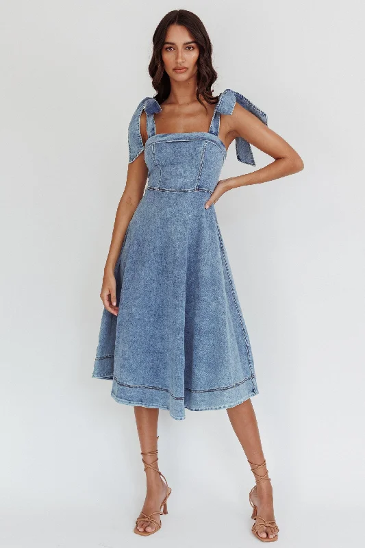 Jeanie Bow Shoulder Midi Dress Wash Denim Blue