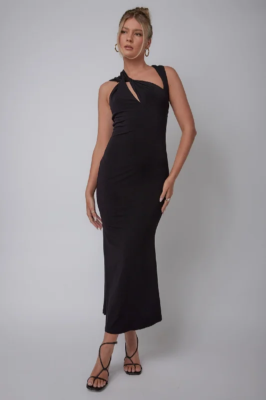 Karyl Shoulder Sash Midi Dress Black