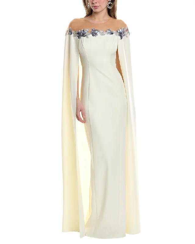 Marchesa Notte Tulle Illusion Cape Effect Maxi Dress