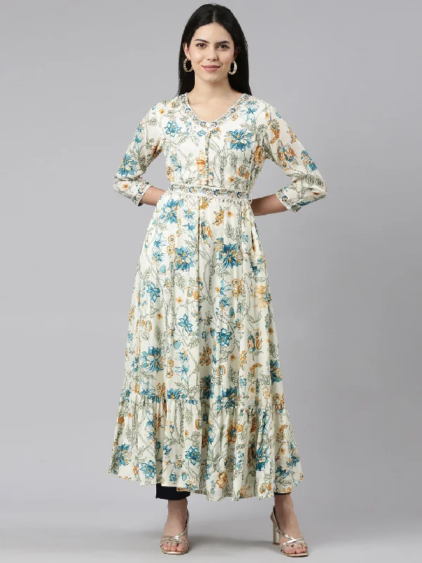 Neeru's Cream Straight Casual Printed Maxi Dresses