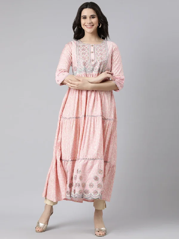 Neerus Pink Flared Casual Floral Maxi Dresses