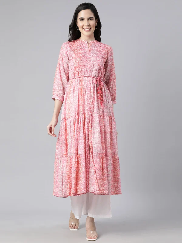 Neerus Pink Straight Casual Floral Maxi Dresses