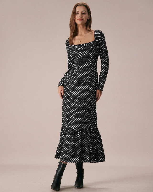 The Black Square Neck Polka Dot Maxi Dress