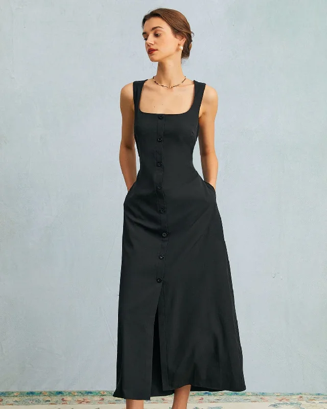 The Black U Neck Tie Back Sleeveless Maxi Dress