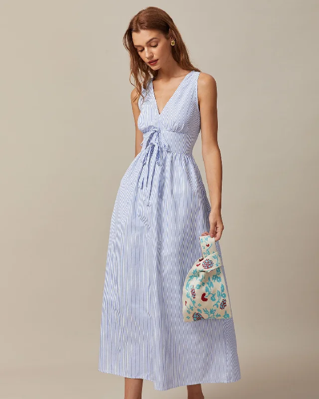 The Blue V Neck Shirred Striped Maxi Dress