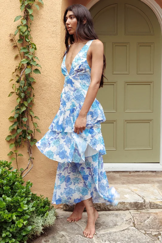 Veda Strappy Back Ruffle Midi Dress Floral Blue