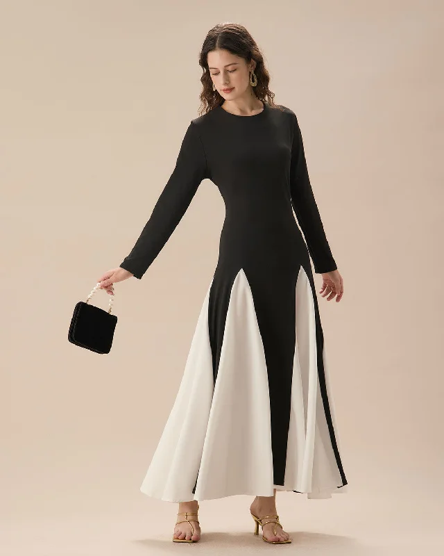 Black Contrasting Long Sleeve Maxi Dress