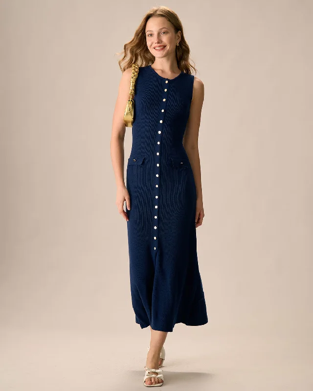 Women's Navy Button-up Sweater Maxi Dress