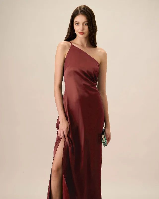 Red One-shoulder Satin Maxi Dress