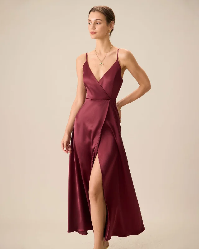 Red Satin Slit Maxi Dress