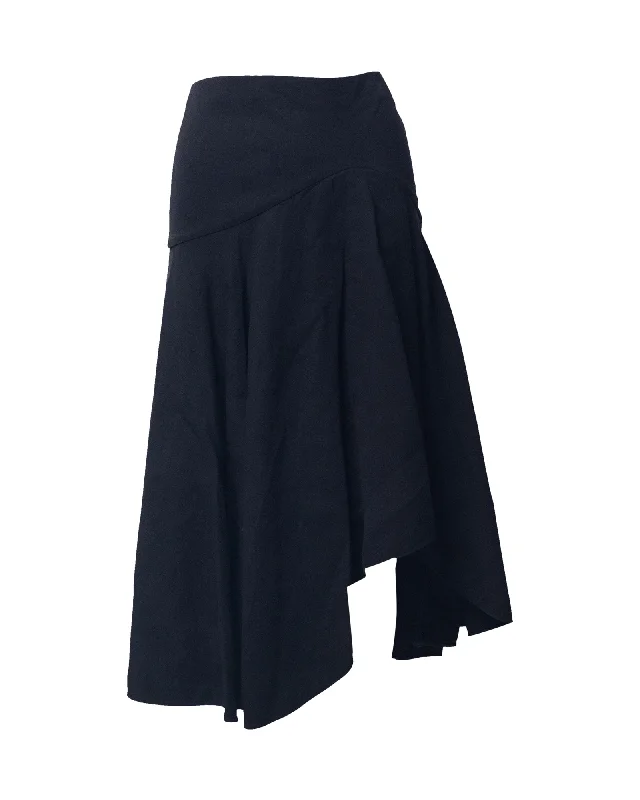 Alexander McQueen Asymmetric Pleated Midi Skirt in Black Wool