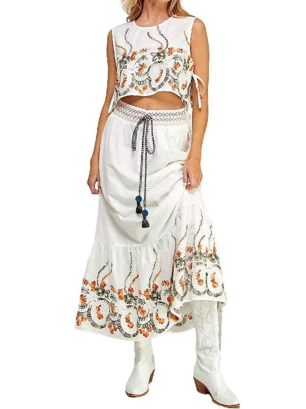 Linen Embroidered Midi Skirt In White