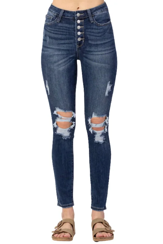 Button Fly Skinny Jean In Dark Denim