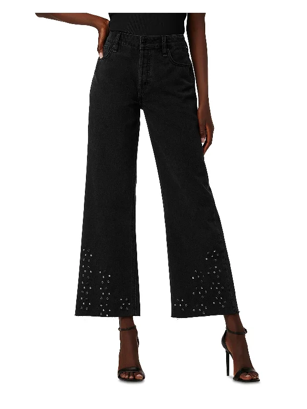 Rosie Womens Embellished Raw Hem Wide Leg Jeans