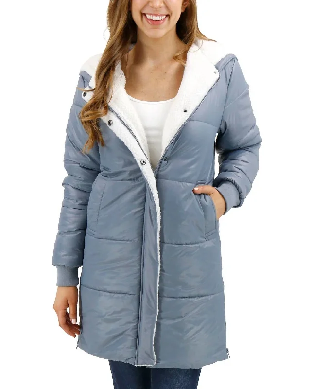 Longline Hooded Puffer Jacket In Blue