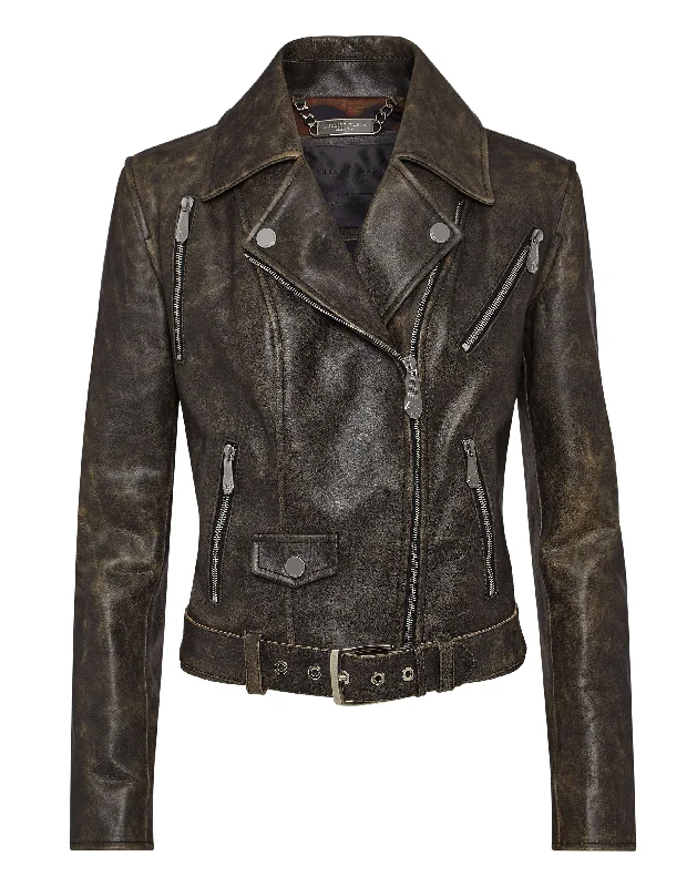 Shoulder Padded Leather Biker Jacket