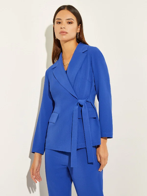 Side Tie Tailored Wrap Crepe de Chine Blazer, Satin Sky